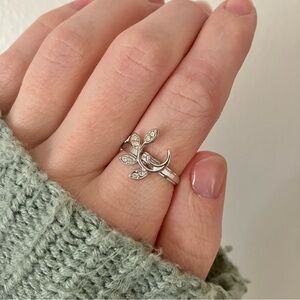 Silver Crescent Branch Rhinestones Ring “Briar” Textured Band Earthy Simple